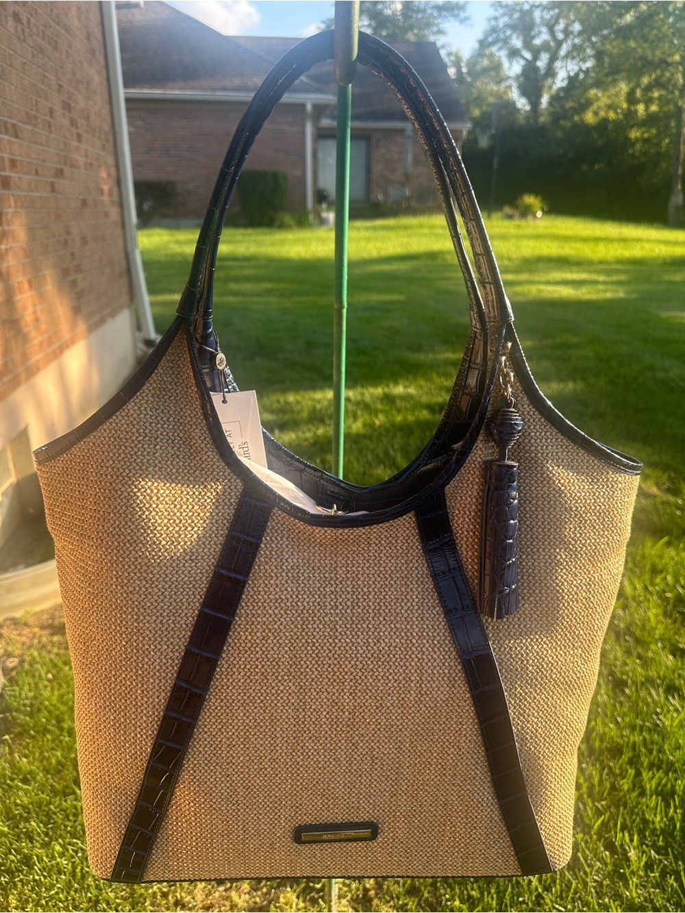 Brahmin IONA Oversized Tote Bag in Natural Straw and Dark Blue Trim